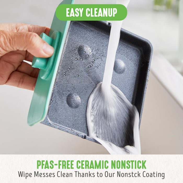 GreenLife 3-in-1 Breakfast Maker Station, Healthy Ceramic Nonstick Dual Griddles for Eggs Meat Sausage Bacon Pancakes and Breakfast Sandwiches, 2 Slice Toast Drawer, Easy-to-use Timer, Turquoise - Grill Parts America