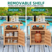 YITAHOME Outdoor Grill Cart with Stainless Steel Top, Solid Wood Movable Bar Cart with Drawer and Storage Cabinet, Outdoor Kitchen Prep Table for Garden, Lawn, Patio, Backyard, Natural - Grill Parts America