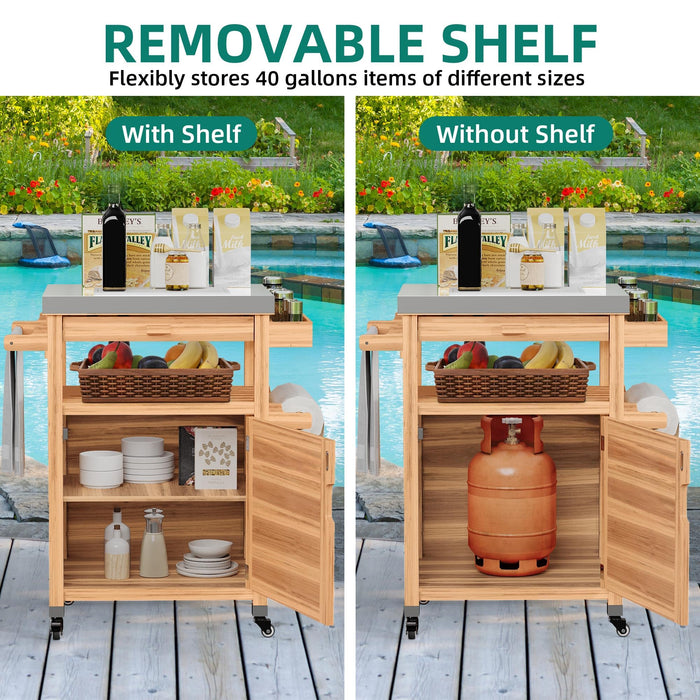 YITAHOME Outdoor Grill Cart with Stainless Steel Top, Solid Wood Movable Bar Cart with Drawer and Storage Cabinet, Outdoor Kitchen Prep Table for Garden, Lawn, Patio, Backyard, Natural - Grill Parts America