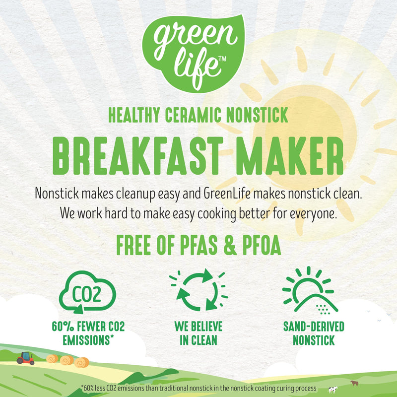 GreenLife 3-in-1 Breakfast Maker Station, Healthy Ceramic Nonstick Dual Griddles for Eggs Meat Sausage Bacon Pancakes and Breakfast Sandwiches, 2 Slice Toast Drawer, Easy-to-use Timer, Turquoise - Grill Parts America