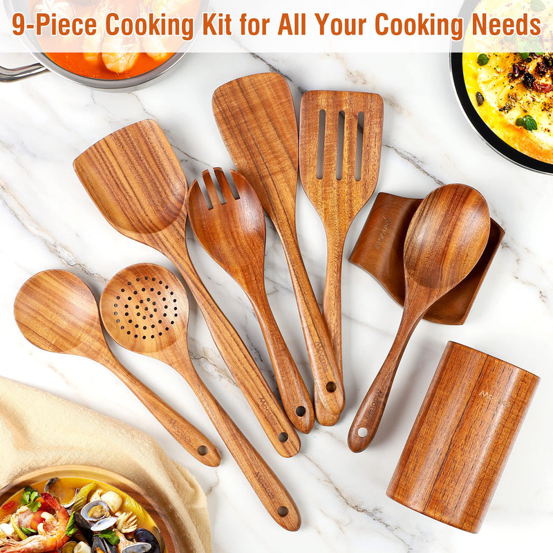 Mooues 9 Piece Natural Teak Wooden Kitchen Utensil Set with Spoon Rest - Comfort Grip Cooking Spoons and Utensils Holder - Grill Parts America