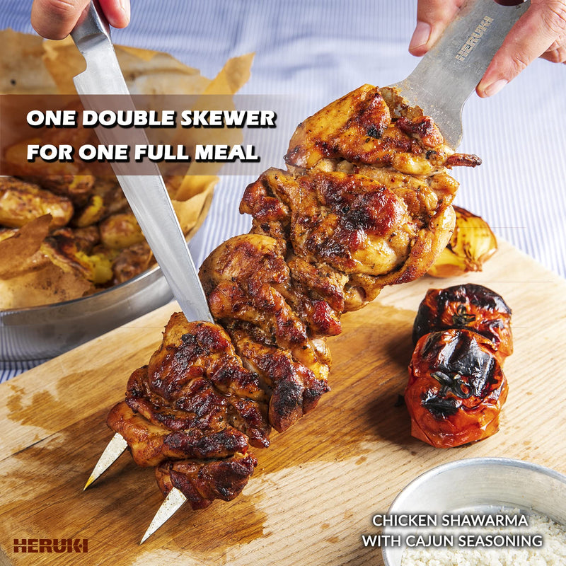 HERUKI Double Skewers 14.4" Stainless Steel Heavy Duty Double Prong Skewers for BBQ Kabob Shawarma Meat Fish Chicken Reusable bbq Accessories for Grill Master Arsenal - 2 Units - Grill Parts America