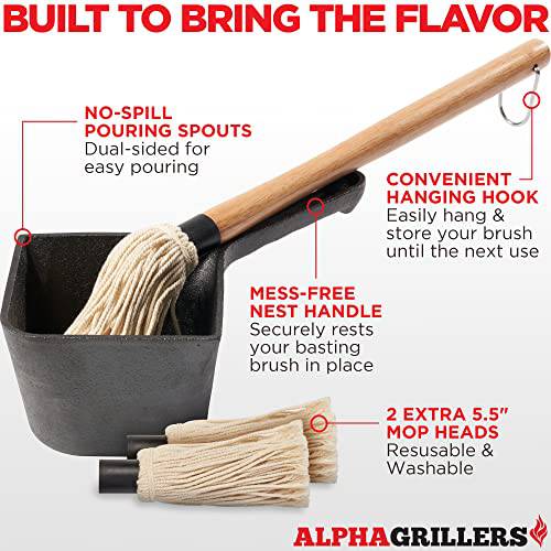 Alpha Grillers Cast Iron Pot & BBQ Brushes for Sauce - 24 oz Cast Iron Saucepan & Basting Brush BBQ Mop - Grill Parts America
