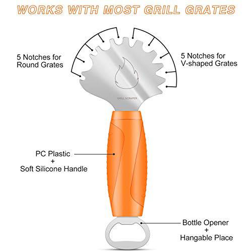 AOLLOP Grill Scraper BBQ Stainless Steel Grill Grate Cleaner No-bristles with Extended Handle & Bottle Opener Fits Most Grill Grates or Griddles Ideal Gift - Grill Parts America