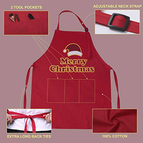Christmas Apron for Men with Adjustable Neck, 3 Front Pockets Gift for Him (Red) - Grill Parts America