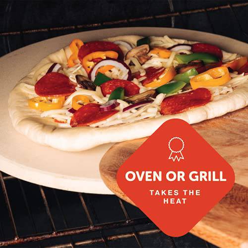 Cast Elegance Theramite Durable Pizza and Baking Stone for Oven and Grill, Includes Recipe E-Book & Cleaning Scraper, 14 inch Round, 5/8th inch Thick, Circular Design - Grill Parts America
