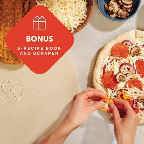 Cast Elegance Theramite Durable Pizza and Baking Stone for Oven and Grill, Includes Recipe E-Book & Cleaning Scraper, 14 inch Round, 5/8th inch Thick, Circular Design - Grill Parts America
