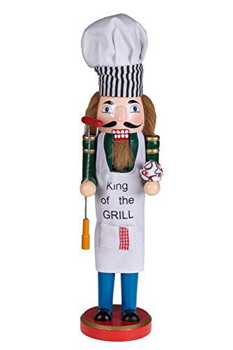 Clever Creations King of The Grill Nutcracker Wearing Apron and Chef’s Hat | 100% Wood | 15” Tall - Grill Parts America