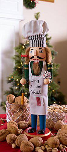 Clever Creations King of The Grill Nutcracker Wearing Apron and Chef’s Hat | 100% Wood | 15” Tall - Grill Parts America