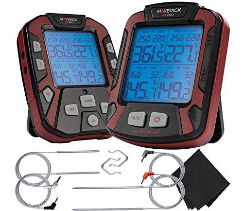 Maverick PRO-Series XR-50 Extended (500FT Range, 4 Probe) Digital Remote Wireless BBQ, Meat & Smoker Thermometer, Black/Red and Z-Cloth Bundle - Grill Parts America