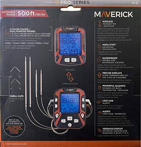 Maverick PRO-Series XR-50 Extended (500FT Range, 4 Probe) Digital Remote Wireless BBQ, Meat & Smoker Thermometer, Black/Red and Z-Cloth Bundle - Grill Parts America