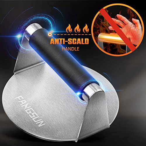 FANGSUN Burger Press with Anti-Scald Handle, 5.8 Inch Stainless Steel Burger Smasher, Round Non-Stick Hamburger Press for Griddle, Griddle Accessories Kit for Flat Grill Cooking, Gift Package - Grill Parts America