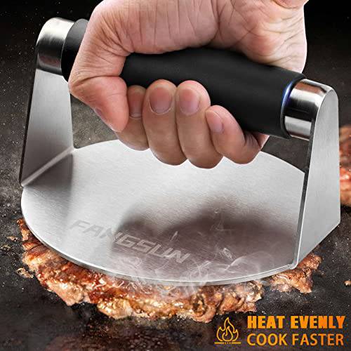 FANGSUN Burger Press with Anti-Scald Handle, 5.8 Inch Stainless Steel Burger Smasher, Round Non-Stick Hamburger Press for Griddle, Griddle Accessories Kit for Flat Grill Cooking, Gift Package - Grill Parts America