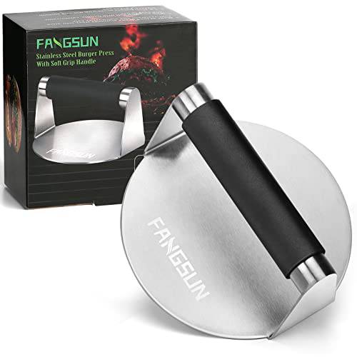 FANGSUN Burger Press with Anti-Scald Handle, 5.8 Inch Stainless Steel Burger Smasher, Round Non-Stick Hamburger Press for Griddle, Griddle Accessories Kit for Flat Grill Cooking, Gift Package - Grill Parts America