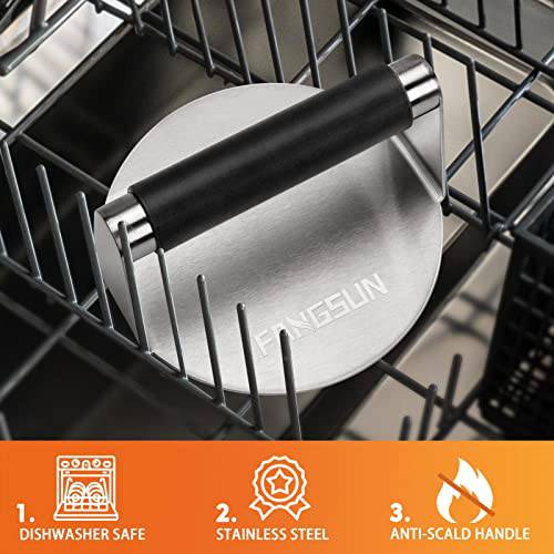 FANGSUN Burger Press with Anti-Scald Handle, 5.8 Inch Stainless Steel Burger Smasher, Round Non-Stick Hamburger Press for Griddle, Griddle Accessories Kit for Flat Grill Cooking, Gift Package - Grill Parts America