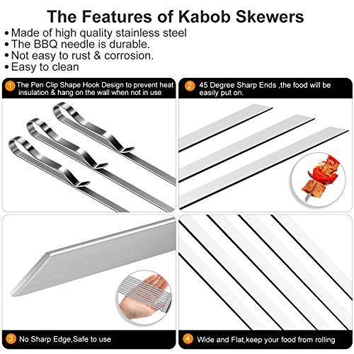 10PCS BBQ Barbecue Skewers, 17inch Skewers Stainless Steel Wide Flat Metal Reusable Dishwasher Safe Grill Tools Needles Sticks Kit for Dad Father's Gift - Grill Parts America