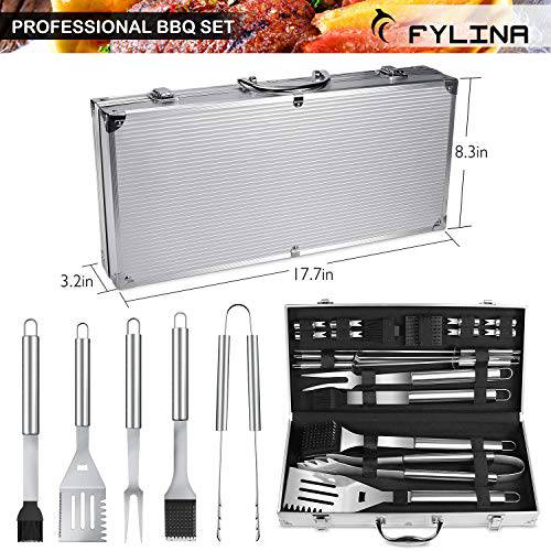 FYLINA BBQ Grill Tool Set, 21-Piece Heavy Duty Stainless Steel Grilling Utensils Tools with Aluminum Storage Case - Grill Parts America