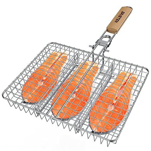 Fish Grill Basket, Portable Grill Basket for Fish, Vegetables, Shrimp, Steak, 304 Stainless Steel Grill Accessories, Heavy Duty, Large BBQ Basket