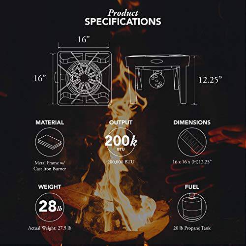 GasOne 200,000 BTU Square Heavy- Duty Single Burner Outdoor Stove Propane Gas Cooker with Adjustable 0-20Psi Regulator & Steel Braided Hose - Grill Parts America