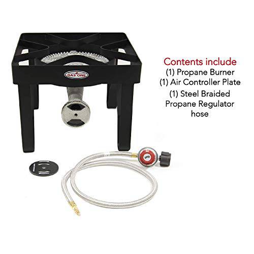 GasOne 200,000 BTU Square Heavy- Duty Single Burner Outdoor Stove Propane Gas Cooker with Adjustable 0-20Psi Regulator & Steel Braided Hose - Grill Parts America