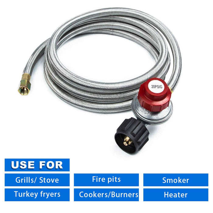 GASPRO 8FT 20 PSI Adjustable Propane Regulator with Braided Hose for Turkey Fryer, Burner, Cooker, Grill, Firepit etc - Grill Parts America