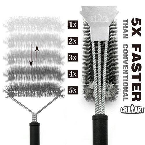 GRILLART Grill Brush and Scraper Best BBQ Brush for Grill, Safe 18" Stainless Steel Woven Wire 3 in 1 Bristles Grill Cleaning Brush - Grill Parts America