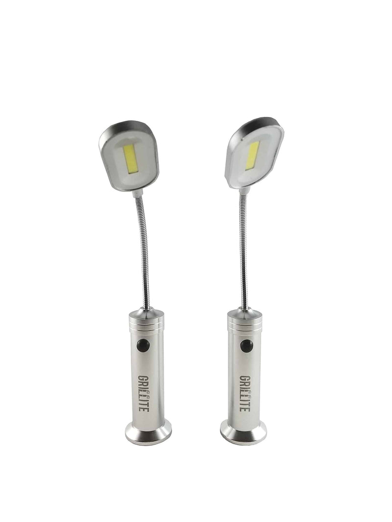 Grillite Silver Magnetic Weather Resistant BBQ Grill Light 2 Pack - Includes 6 AAA Batteries - Ultra-Bright COB LED Bulbs with Flexible Goose Neck - Grill Parts America
