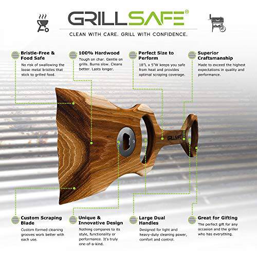 GrillSafe Pitmaster Superior Quality Wooden Grill Scrapers & BBQ Grill Cleaner. Versatile Non-Wire Dual-Handled Grill Brush & Bottle Opener. - Grill Parts America