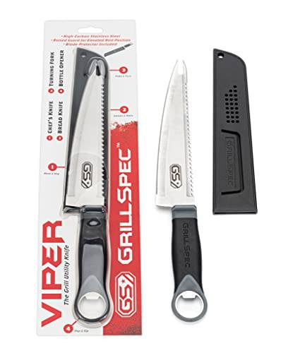 VIPER Grill Utility Knife - 8 inch High Carbon Stainless Steel Chef Knife Bread Knife Meat Turner Bottle Opener with Sheath Grilling Gifts for Dad Men - Grill Parts America