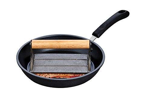 HIC Rectangular Bacon Press and Steak Weight, Heavyweight Cast Iron with Wooden Handle, For Grill Panini Burgers Bacon and Sausage - Grill Parts America