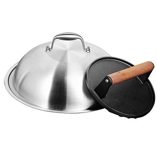 HOMENOTE Griddle Accessories Kit - 12 Inch Heavy Duty Round Basting Cover Cheese Melting Dome with 7 inch Round Cast Iron Burger Bacon Press - Perfect for Flat Top Griddle Grill Cooking - Grill Parts America