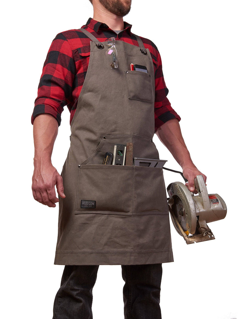 Hudson Durable Goods - Heavy Duty Waxed Canvas Work Apron with Tool Pockets, Cross-Back Straps & Adjustable M to XXL - Grill Parts America