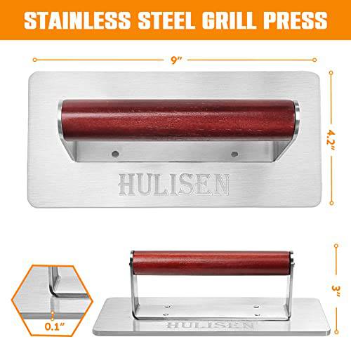 HULISEN Stainless Steel Bacon Press, 9 Inch Large Heavy Duty Burger Press with Wood Handle - Grill Parts America