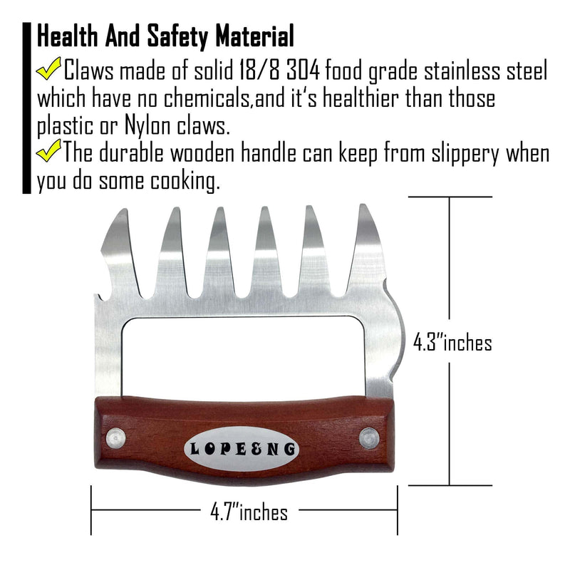LOPE & NG Meat Handler Shredder Claws Set of 2 - Wood Stainless Steel BBQ Pulled Pork Paws - Grill Parts America
