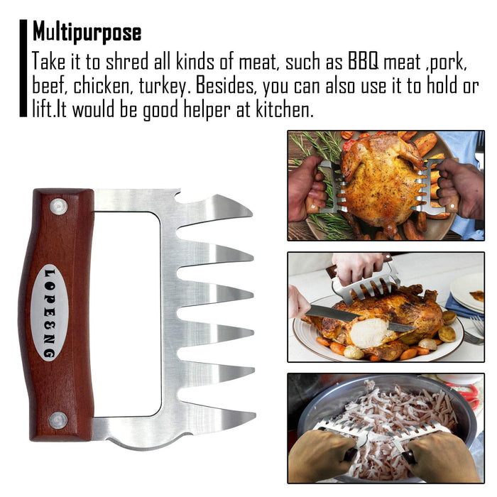 LOPE & NG Meat Handler Shredder Claws Set of 2 - Wood Stainless Steel BBQ Pulled Pork Paws - Grill Parts America