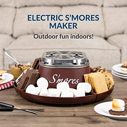 Nostalgia Indoor Electric Stainless Steel S'mores Maker with 4 Compartment Trays for Graham Crackers, Chocolate, Marshmallows and 2 Roasting Forks, Brown - Grill Parts America