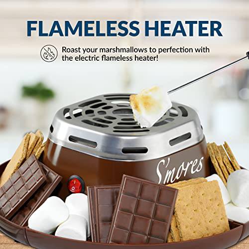 Nostalgia Indoor Electric Stainless Steel S'mores Maker with 4 Compartment Trays for Graham Crackers, Chocolate, Marshmallows and 2 Roasting Forks, Brown - Grill Parts America
