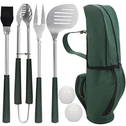 POLIGO 7pcs Golf-Club Style BBQ Grill Accessories Kit with Rubber Handle - Stainless Steel BBQ Tools - Green - Grill Parts America