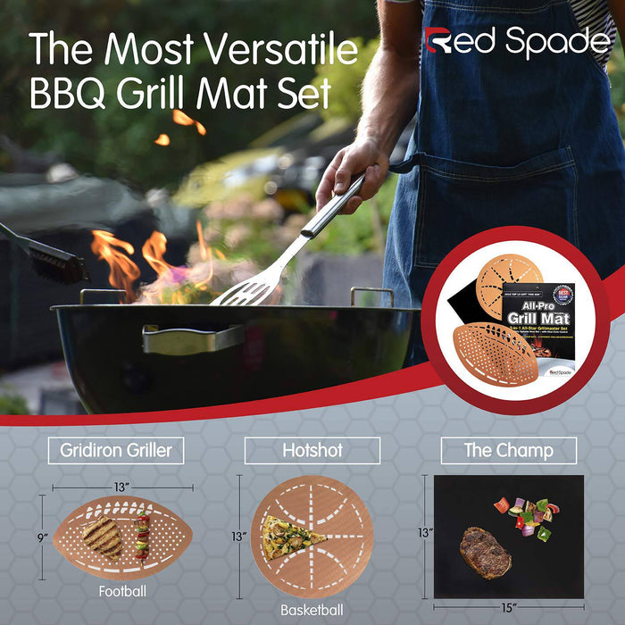 Red Spade Grill Mat - BBQ Set of 3 BBQ Grill Mats Non Stick - Reusable, Sports Themed Barbecue Grilling Mats (13"x15") - Grill Parts America