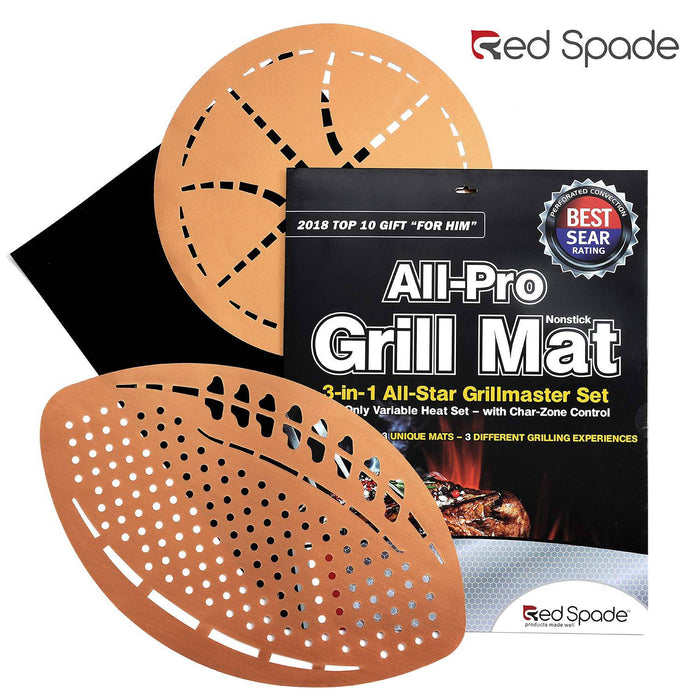 Red Spade Grill Mat - BBQ Set of 3 BBQ Grill Mats Non Stick - Reusable, Sports Themed Barbecue Grilling Mats (13"x15") - Grill Parts America