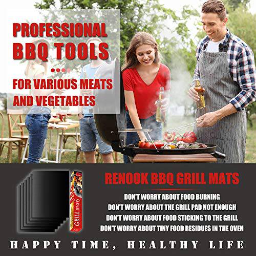 RENOOK Grill Mat Set of 6 - 100% Non-Stick BBQ Grill Mats, Heavy Duty, Reusable, and Easy to Clean - 15.75 x 13-Inch, Black - Grill Parts America