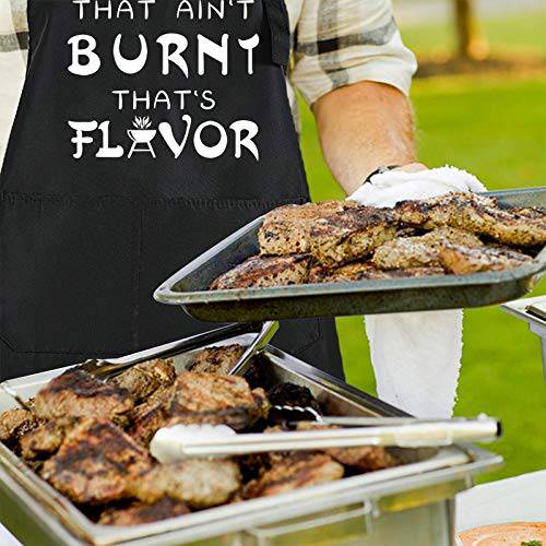 Rosoz Funny BBQ Black Chef Aprons for Men, That Ain't Burnt That's Flavor, Adjustable Kitchen Cooking Aprons with Pocket Waterproof Oil Proof Valentine's Day/Birthday - Grill Parts America