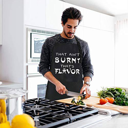 Rosoz Funny BBQ Black Chef Aprons for Men, That Ain't Burnt That's Flavor, Adjustable Kitchen Cooking Aprons with Pocket Waterproof Oil Proof Valentine's Day/Birthday - Grill Parts America