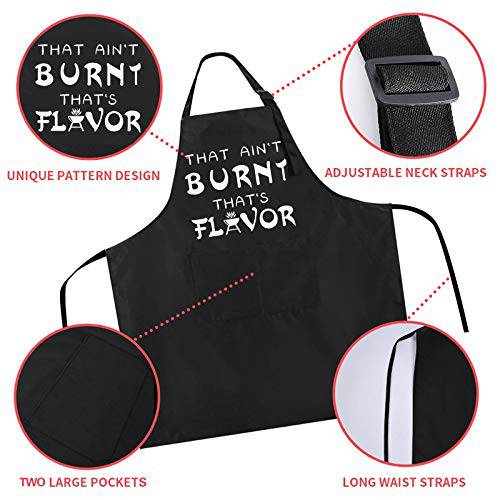 Rosoz Funny BBQ Black Chef Aprons for Men, That Ain't Burnt That's Flavor, Adjustable Kitchen Cooking Aprons with Pocket Waterproof Oil Proof Valentine's Day/Birthday - Grill Parts America