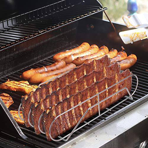 Extra Long Stainless Steel Rib Rack for Smoking and Grilling, Holds up to 3 Full Racks of Ribs - Grill Parts America