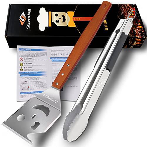 Heavy Duty BBQ Grill Tongs and Spatula for Outdoor Grill, 18 Inch Metal Grill Spatula Comes with