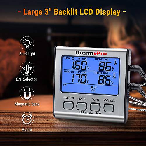 ThermoPro TP-17 Dual Probe Digital Cooking Meat Thermometer Large LCD Backlight Food Grill Thermometer - Grill Parts America