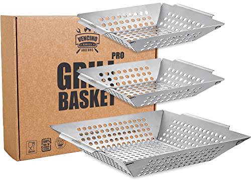 3 Pack Grill Baskets for Outdoor Grill, Heavy Duty Stainless Steel Vegetable Grill Basket - Grill Parts America
