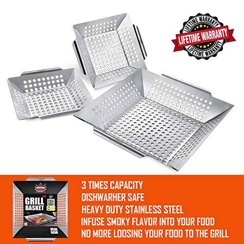 3 Pack Grill Baskets for Outdoor Grill, Heavy Duty Stainless Steel Vegetable Grill Basket - Grill Parts America