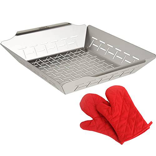 Weber 6434 Deluxe Stainless Steel Grilling Basket Large Bundle with Deco Essentials Pair of Red Heat Resistant Oven Mitt - Grill Parts America